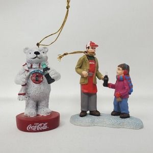 Coca Cola Christmas Tree Ornaments Lot Of 2 Polar Bear Man Child Collectible